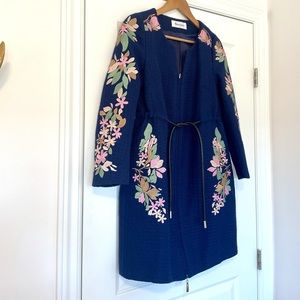 Navy Wool Floral Embroidered Knee Length Coat, Size 2 (XS-S)
